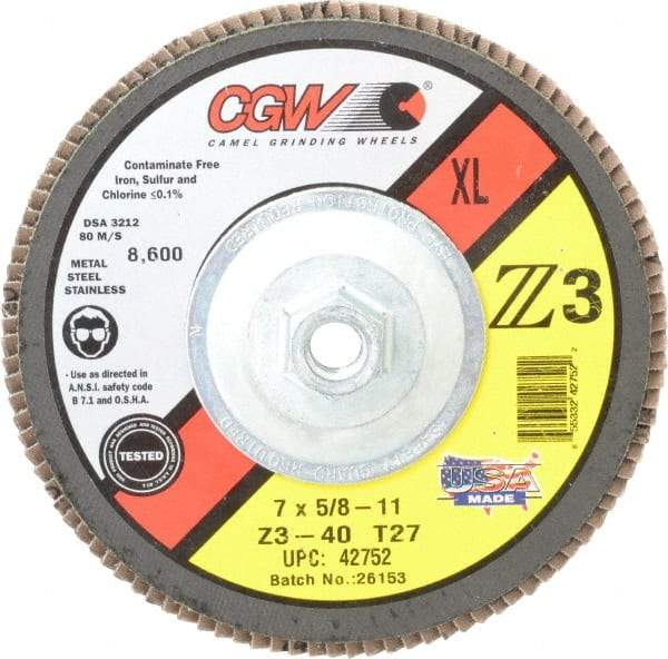 Camel Grinding Wheels - 40 Grit, 7" Disc Diam, 5/8-11 Center Hole, Type 27 Zirconia Alumina Flap Disc - 8,600 Max RPM, Poly Cotton Backing, Arbor Attaching System, Coated - Americas Industrial Supply