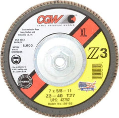 Camel Grinding Wheels - 40 Grit, 7" Disc Diam, 5/8-11 Center Hole, Type 27 Zirconia Alumina Flap Disc - 8,600 Max RPM, Poly Cotton Backing, Arbor Attaching System, Coated - Americas Industrial Supply