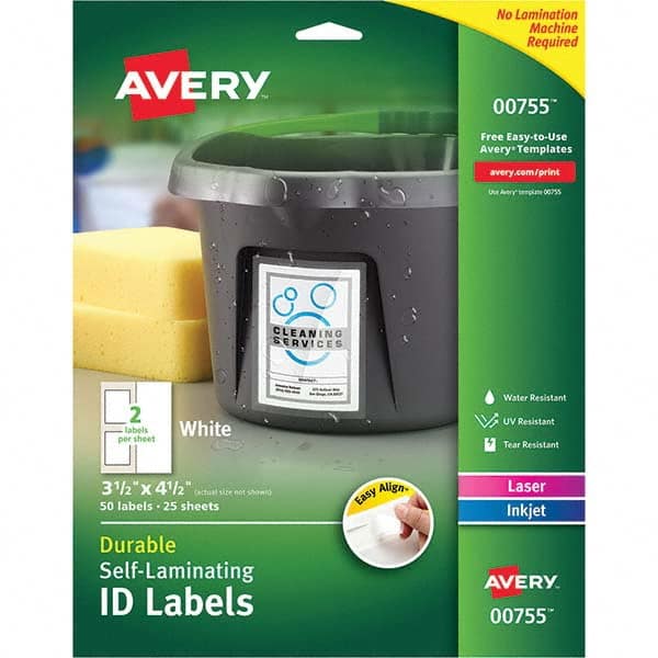 AVERY - Pack of (50), 3-1/2" x 4-1/2" White Paper Self Laminating Labels - Americas Industrial Supply
