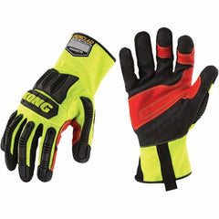 ironCLAD - Size M (8), ANSI Cut Lvl A2, Abrasion Lvl 4, Cut Resistant Gloves - 11" Long, Uncoated, Unlined, Open Cuff, Hi-Vis Green/Black, Paired - Americas Industrial Supply