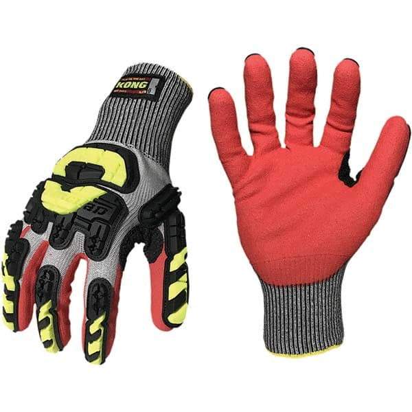 ironCLAD - Size S (7), ANSI Cut Lvl A5, Puncture Lvl 4, Abrasion Lvl 4, Nitrile Coated Cut Resistant Gloves - 11" Long, Palm Coated, Unlined, Knit Wrist, Gray/Red, Paired - Americas Industrial Supply