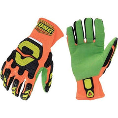ironCLAD - Size L (9), ANSI Cut Lvl A3, Puncture Lvl 5, Abrasion Lvl 3, Cut Resistant Gloves - 11" Long, Uncoated, Unlined, Open Cuff, Hi-Vis Orange/Green, Paired - Americas Industrial Supply