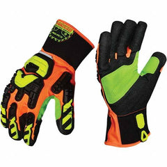 ironCLAD - Size S (7), ANSI Cut Lvl A5, Puncture Lvl 5, Abrasion Lvl 3, Cut Resistant Gloves - 11" Long, Uncoated, Unlined, Slip-On Cuff, Hi-Vis Orange/Black, Paired - Americas Industrial Supply
