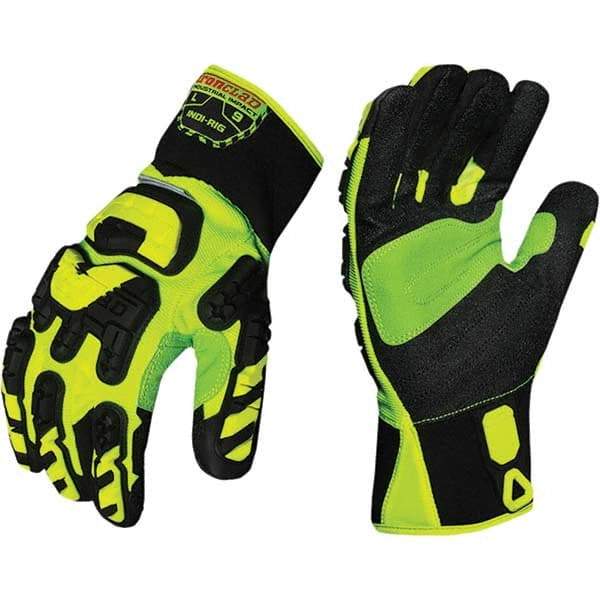 ironCLAD - Size 2XL (11), ANSI Cut Lvl A2, Puncture Lvl 3, Abrasion Lvl 4, Cut Resistant Gloves - 11" Long, Uncoated, Unlined, Slip-On Cuff, Hi-Vis Green/Black, Paired - Americas Industrial Supply