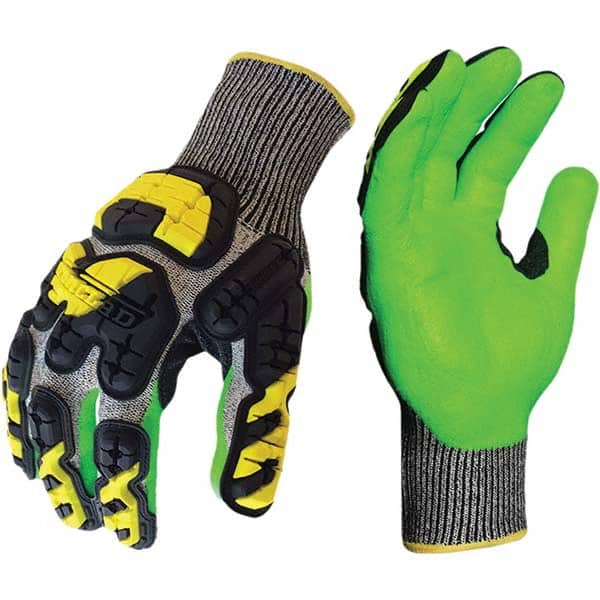 ironCLAD - Size S (7), ANSI Cut Lvl A3, Puncture Lvl 5, Abrasion Lvl 4, Foam Nitrile Coated Cut Resistant Gloves - 10" Long, Palm Coated, Elastic Knit Cuff, Gray/Green, Paired - Americas Industrial Supply