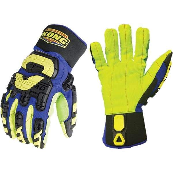 ironCLAD - Size L (9), ANSI Cut Lvl A2, Cut Resistant Gloves - 11" Long, Uncoated, Polyester Lining, Slip-On Cuff, Blue/Green, Paired - Americas Industrial Supply