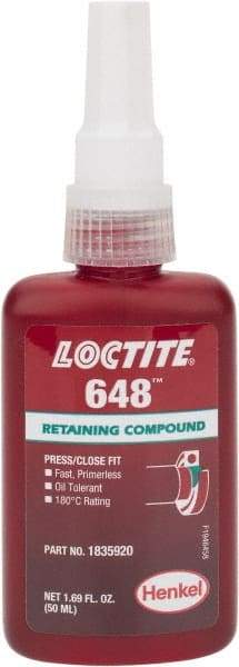 Loctite - 50 mL Bottle, Green, High Strength Liquid Retaining Compound - Series 648, 24 hr Full Cure Time, Heat Removal - Americas Industrial Supply