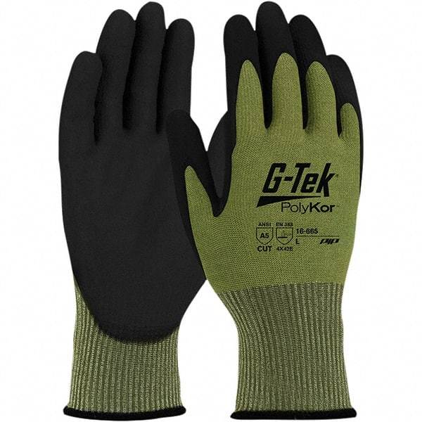 PIP - Size S, ANSI Cut Lvl A5, Polyurethane Coated Aramid/PolyKor Cut Resistant Gloves - Palm & Fingers Coated, Knit Wrist, Green, Paired - Americas Industrial Supply