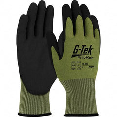 PIP - Size L, ANSI Cut Lvl A5, Polyurethane Coated Aramid/PolyKor Cut Resistant Gloves - Palm & Fingers Coated, Knit Wrist, Green, Paired - Americas Industrial Supply