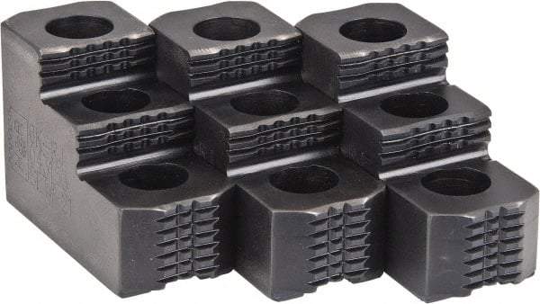 H & R Manufacturing - 6" Max Chuck Diam Compatibility, Case Hardened Steel 1.5mm x 60° Serrated Hard Lathe Top Jaws - 2 Steps, 0.472" Groove Width, 1-1/4" Wide x 3" Long x 1.969" High - Americas Industrial Supply