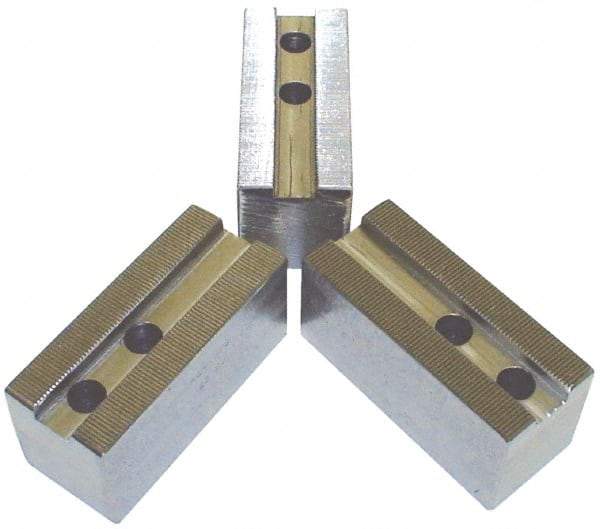 H & R Manufacturing - 1.5mm x 60° Serrated Attachment, Square Soft Lathe Chuck Jaw - 3 Jaws, Steel, 1.181" Btw Mount Hole Ctrs, 5-1/4" Long x 2" Wide x 2" High, 0.71" Groove, 14mm Fastener - Americas Industrial Supply