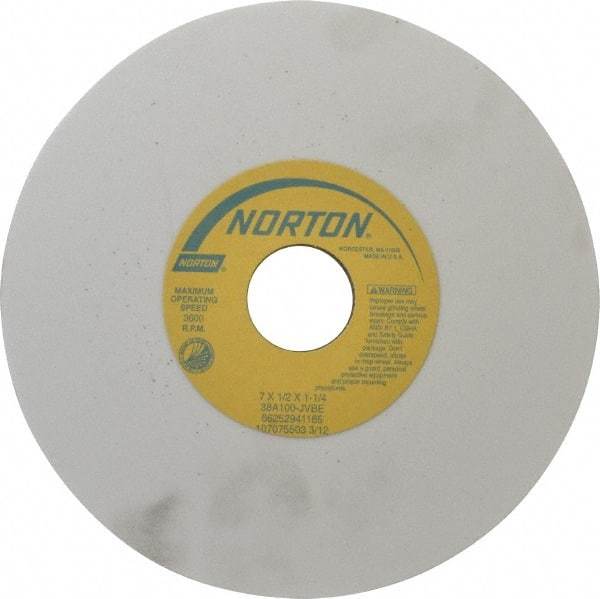 Norton - 7" Diam x 1-1/4" Hole x 1/2" Thick, J Hardness, 100 Grit Surface Grinding Wheel - Aluminum Oxide, Type 1, Fine Grade, 3,600 Max RPM, Vitrified Bond, No Recess - Americas Industrial Supply
