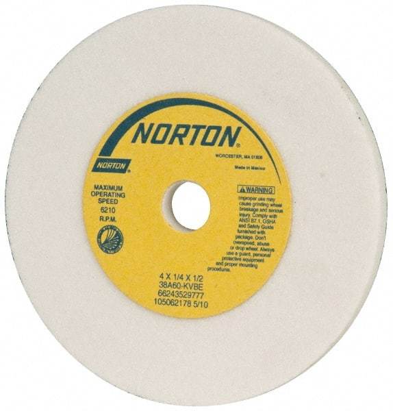 Norton - 60 Grit Aluminum Oxide Type 1 Internal Grinding Wheel - 4" Diam x 1/2" Hole x 1/4" Thick, 6,210 Max RPM, Type 1 Medium Grade, K Hardness, Vitrified Bond, One-Side Recess - Americas Industrial Supply