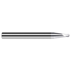 Ball End Mill: 0.093″ Dia, 0.074″ LOC, 2 Flute, Solid Carbide 2-1/2″ OAL, 1/4″ Shank Dia, 45 ° Helix, TiB2 Coated, Single End