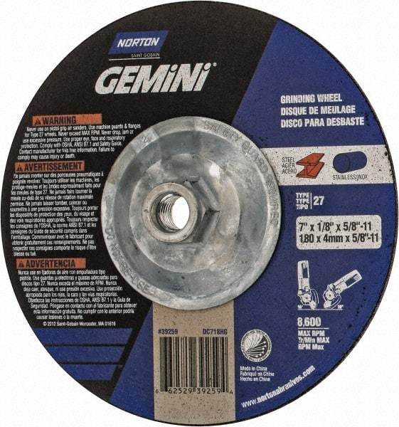 Norton - 7" Wheel Diam, 1/8" Wheel Thickness, Type 27 Depressed Center Wheel - Aluminum Oxide, 8,600 Max RPM, Compatible with Angle Grinder - Americas Industrial Supply