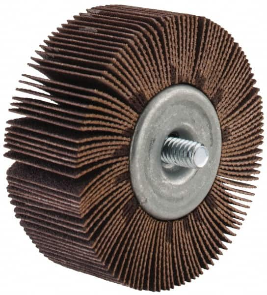 Merit Abrasives - 2-1/2" Diam x 1" Face Width, Fine Aluminum Oxide Coated Mounted Flap Wheel - 1/4-20 Threaded Mount, 120 Grit, Cloth Backing, 20,000 Max RPM - Americas Industrial Supply