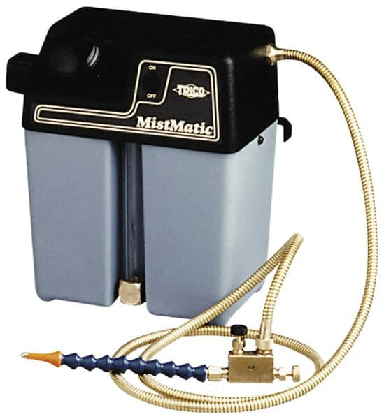 Trico - 2 Outlet, 1 Gallon Tank Capacity, High Density Polyethylene Tank Mist Coolant System - 8-1/2" Tank/Unit Length x 6" Tank/Unit Width x 10-1/2" Tank/Unit Height, 50 to 100 psi, 5' Coolant Line Length, 3" Hose Length - Americas Industrial Supply