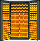 36"W - 14 Gauge - Lockable Bin Cabinet - With 132 Yellow Hook-on Bins - Deep Door Style - Gray - Americas Industrial Supply