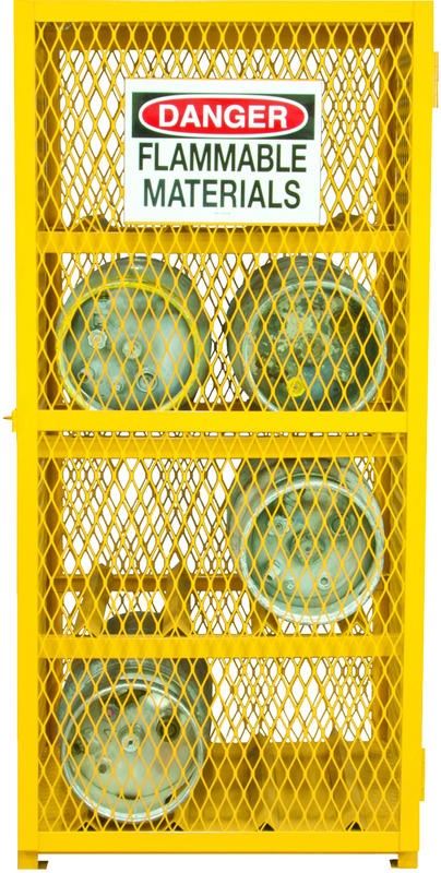 30"W - All Welded - Angle Iron Frame with Mesh Side - Horizontal Gas Cylinder Cabinet - 3 Shelves - Magnet Door - Safety Yellow - Americas Industrial Supply