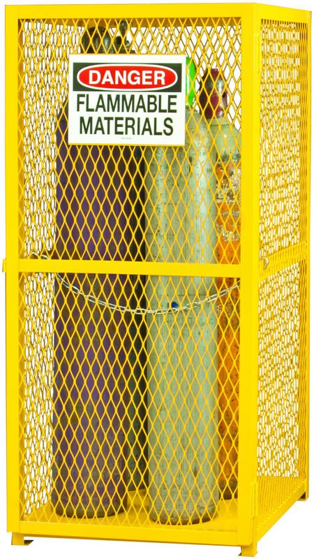30" W - All welded - Angle Iron Frame with Mesh Side - Vertical Gas Cylinder Cabinet - Magnet Door - Safety Yellow - Americas Industrial Supply