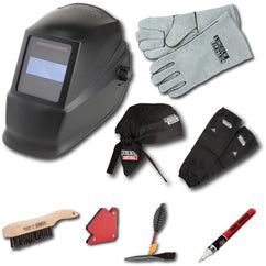 Auto-Darkening Welding Helmet Starter Kit with No. 11 Lens, Gloves, Wire Brush, Magnet, Chipping Hammer and Marker - Americas Industrial Supply