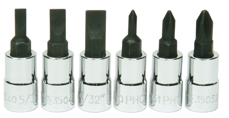 6 Piece - #9309068 - #0; #1; #2 Phillips; 5/32; 7/32; 9/32" Slotted - 1/4" Drive - Socket Drive Hex Bit Set - Americas Industrial Supply