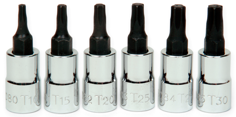6 Piece - #9309082 - T10; T15; T20; T25; T27; T30 - 1/4" Drive - Socket Drive Torx Bit Set - Americas Industrial Supply