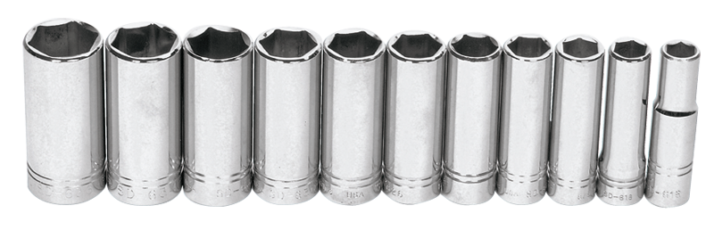 11 Piece - #9321367 - 1/2 to 1-1/8" - 1/2" Drive - 6 Point - Deep Socket Set - Americas Industrial Supply