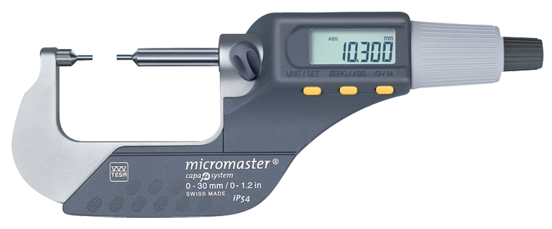 0 - 1.2" / 0 - 30mm Measuring Range - .00005/.001mm Resolution - Friction Thimble - Carbide Face - Electronic Spline Micrometer - Americas Industrial Supply