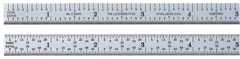 #C305R-6-Certified - 6'' Long - 5R Graduation - 1/2'' Wide - Satin Chrome Finish Flexible Steel Rule with Certification - Americas Industrial Supply