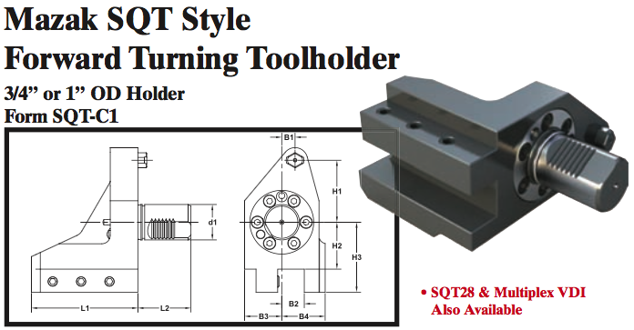 Mazak SQT Stye Forward Turning Toolholder (3/4Ó or 1Ó OD Holder Form SQT-C1) - Part #: SQT31.1525 - Americas Industrial Supply