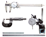 Kit Contains: 6" Dial Caliper; 0-1" Outside Micrometer; Mag Base With Fine Adjustment; 1" Travel Indicator; 6" 4R Scale And 12" 4R Scale - 6 Piece Machinist Set Up & Inspection Kit - Americas Industrial Supply