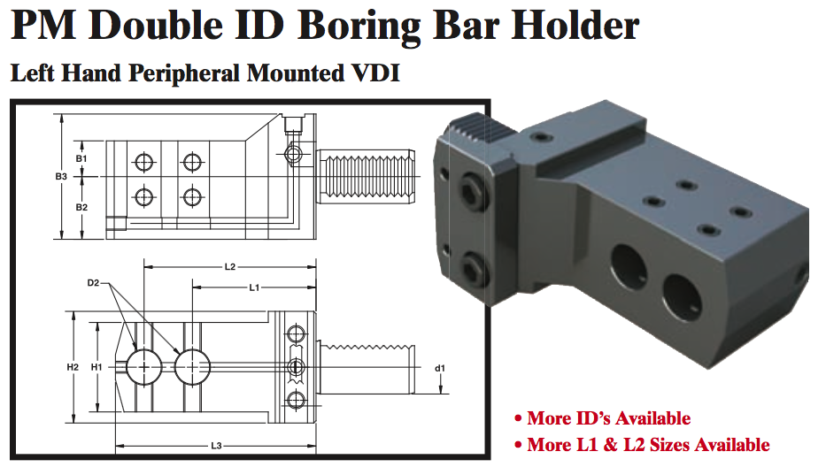 PM Double ID Boring Bar Holder (Left Hand Peripheral Mounted VDI) - Part #: PM91.4025L - Americas Industrial Supply