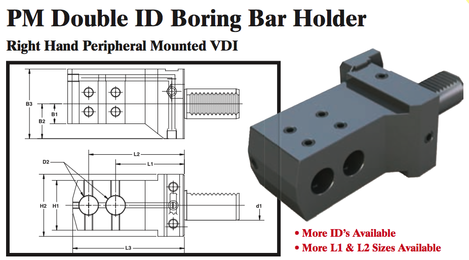 PM Double ID Boring Bar Holder (Right Hand Peripheral Mounted VDI) - Part #: PM91.3020R - Americas Industrial Supply