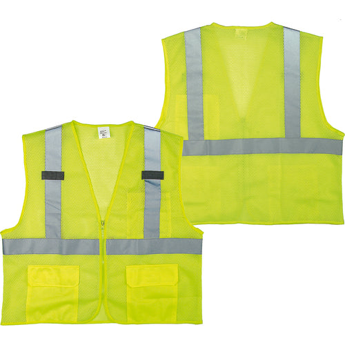 Class 2 Mesh Vest; Contrasting Color Strip, Zipper Closure, Outside Pocket - M - Americas Industrial Supply
