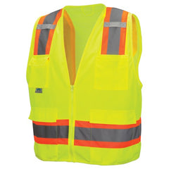 Class 2 Surveyors' Vest; Contrasting Color Strip, Zipper Closure, 8 Pockets - XL - Americas Industrial Supply