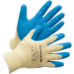Small Gloves-Tuff Coat Cut Resistant - 10 Cut Medium Weight Yellow Kevlar With Blue Natural Rubber Palm And Fingertip Coating - Americas Industrial Supply