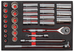Proto® Foamed 1/2" Drive 30 Piece Socket Set w/ Precision 90 Pear Head Ratchet - Full Polish - 12 Point - Americas Industrial Supply