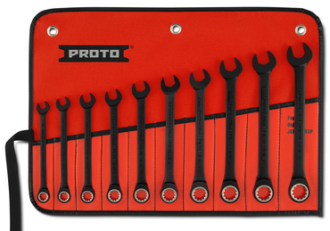 Proto® 10 Piece Black Chrome Metric Non-Reversible Combination Ratcheting Wrench Set - Spline - Americas Industrial Supply