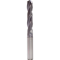 9.7 mm Dia. × 6 mm Shank × 61 mm Flute Length × 103 mm OAL, 5xD, 140°, TiAlN, 2 Flute, Internal, Round Solid Carbide Drill - Exact Industrial Supply