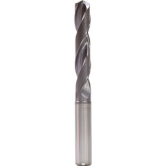12.6 mm Dia. × 14 mm Shank × 77 mm Flute Length × 124 mm OAL, 5xD, 140°, TiAlN, 2 Flute, Internal, Round Solid Carbide Drill