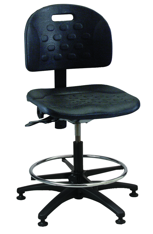 Black Polyurethane Task Stool - Adj. Contoured Backrest, Waterfall Seat, Seat and Back Tilt,  Glides Standard, Pneu Hgt. Adj., 20" Adj. Footring, Black Plastic ABS Base, Bench Hgt 23.5"-33.5" - Americas Industrial Supply