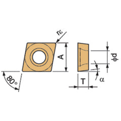 CCMT 3251 GK CA6515, 1/64″ Corner Radius, 5/32″ Thick, 3/8″ Inscribed Circle, TiCnulll2O3/TiN, Diamond, Turning Indexable Insert - Exact Industrial Supply