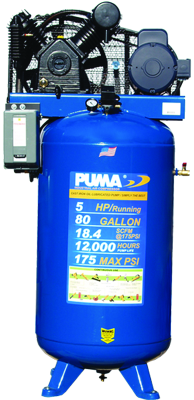 80 Gallon Vertical Tank Two Stage; Belt Drive; 5HP 230V 1PH W/Starter; 18.4CFM@175PSI; 530lbs. - Americas Industrial Supply