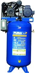 80 Gallon Vertical Tank Two Stage; Belt Drive; 5HP 230V 1PH; 18.4CFM@175PSI; 530lbs. - Americas Industrial Supply