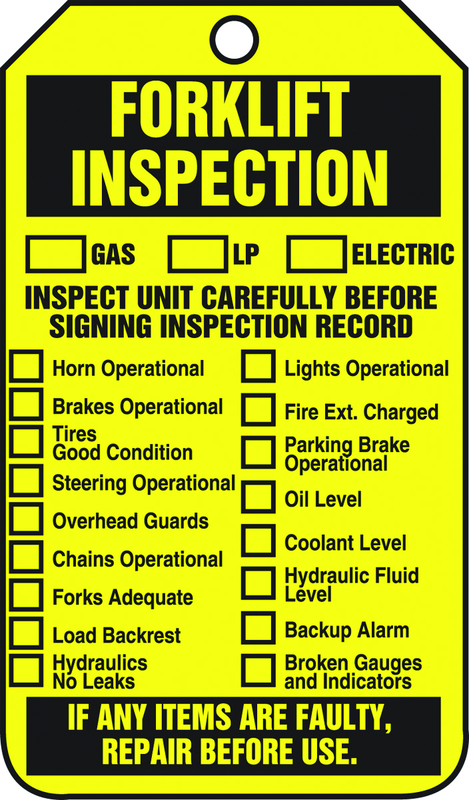 Forklift Tag, Forklift Inspection (Checklist)/Forklift Inspect, 25/Pk, Plastic - Americas Industrial Supply