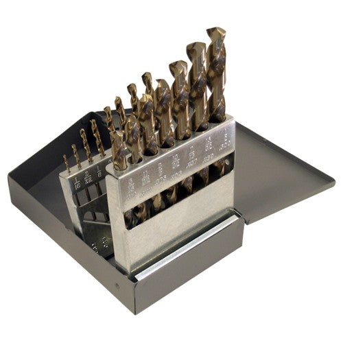 ‎1/16-1/2 RHS / RHC HSS-CO 8% (M42) 135 Degree Split Point Heavy Duty Cobalt Jobber Length Drill Set - Straw / Gold Oxide