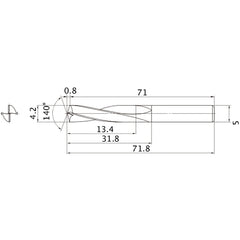 MAE0420MB HTI10 4.2 mm Dia. × 5 mm Shank × 31.8 mm Flute Length × 71.8 mm OAL, 140°, 2 Flute, External Coolant, Solid Carbide Drill