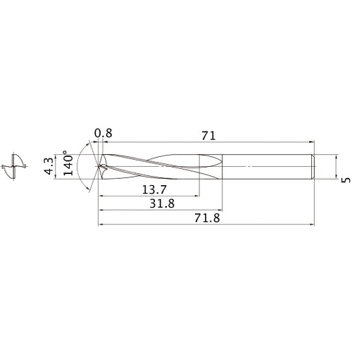 MAE0430MB HTI10 4.3 mm Dia. × 5 mm Shank × 31.8 mm Flute Length × 71.8 mm OAL, 140°, 2 Flute, External Coolant, Solid Carbide Drill