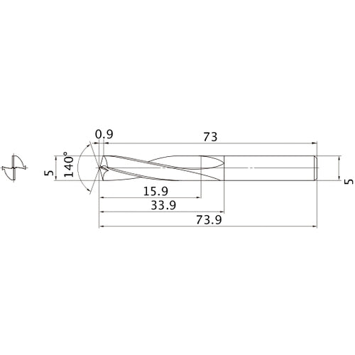 MAE0500MB HTI10 5 mm Dia. × 5 mm Shank × 33.9 mm Flute Length × 73.9 mm OAL, 140°, 2 Flute, External Coolant, Solid Carbide Drill